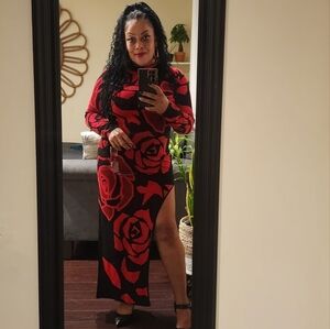 Madden Girl Red and Black Floral Maxi Dress Long Sleeve Cocktail Size M